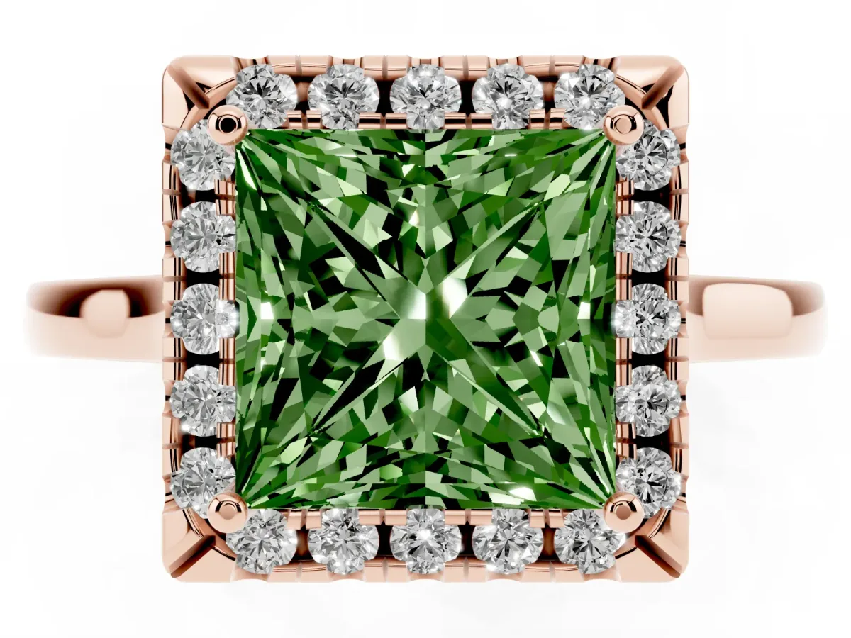 Fancy Green Princess Cut Halo Round Diamond Solitaire Ring with Pavé Band and Four-Prong Setting Rose gold