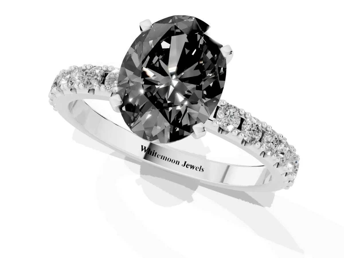 Fancy Black Oval Cut Diamond Solitaire Pavé Band with Four-Prong Setting Silver