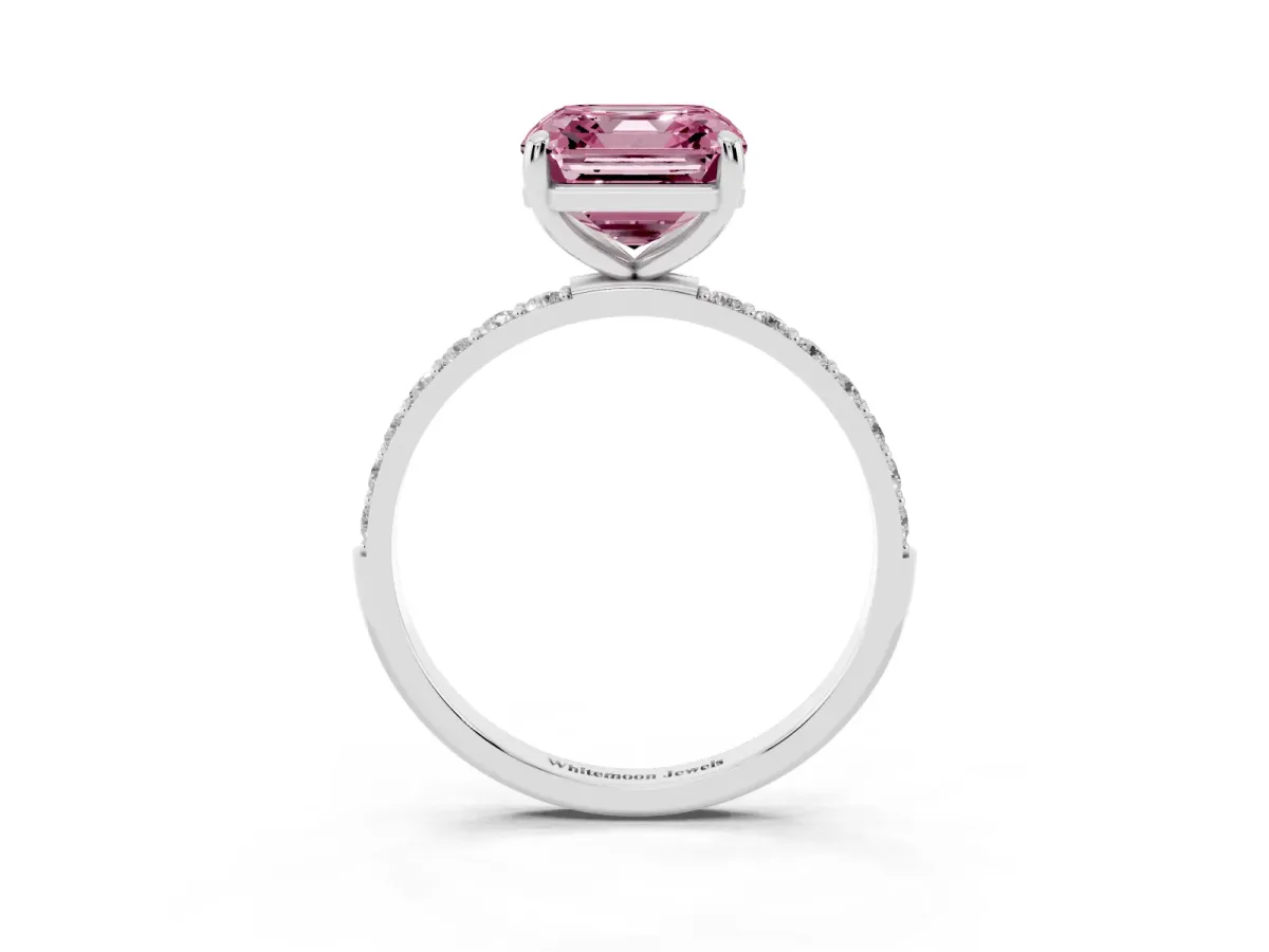 Fancy Pink Asscher Cut Diamond Solitaire Ring with Round Pavé Band and Prong Setting Silver