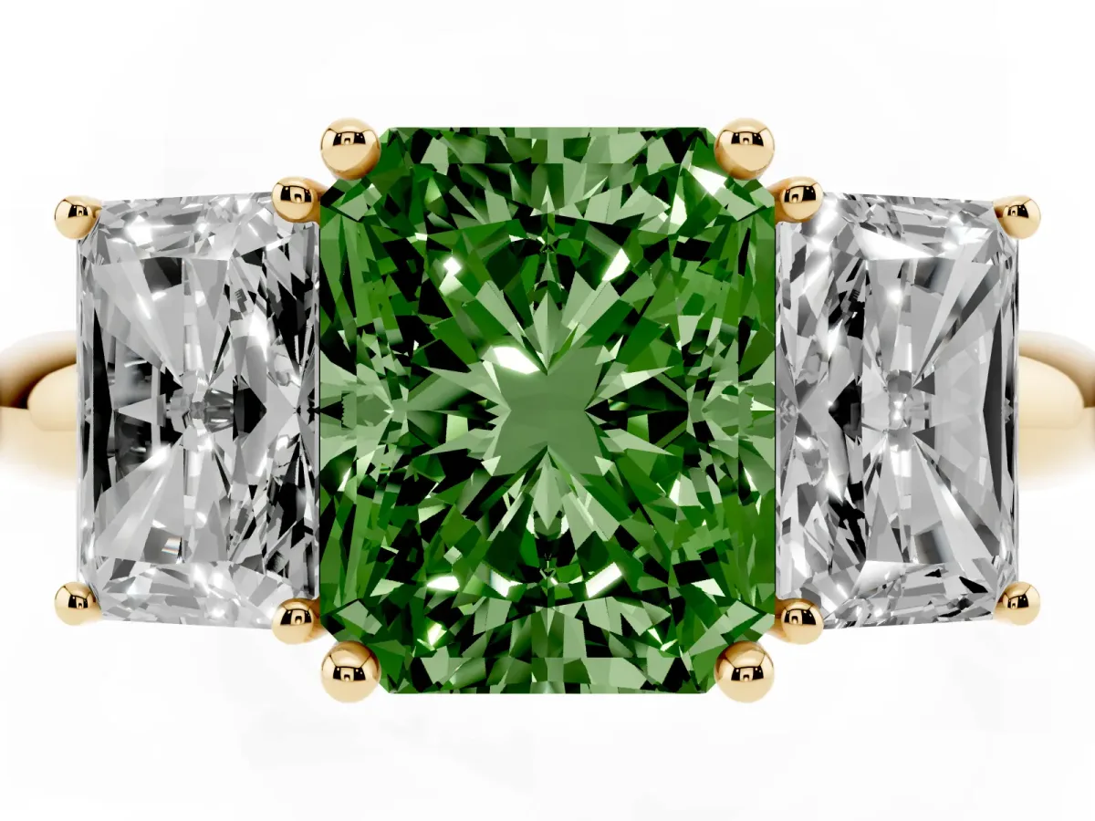 Fancy Green Three-Stone Radiant Cut Cut Diamond Engagement Ring with Prong Setting on a White Gold Band Yellow gold