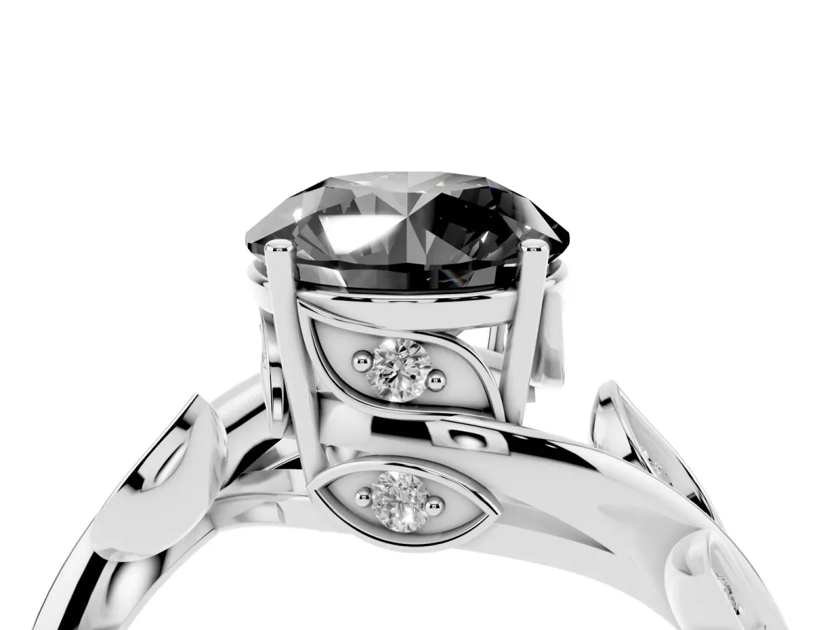 Fancy Black Round Cut Solitaire Twist Engagement Ring with Leaf Accents and Prong Setting Silver