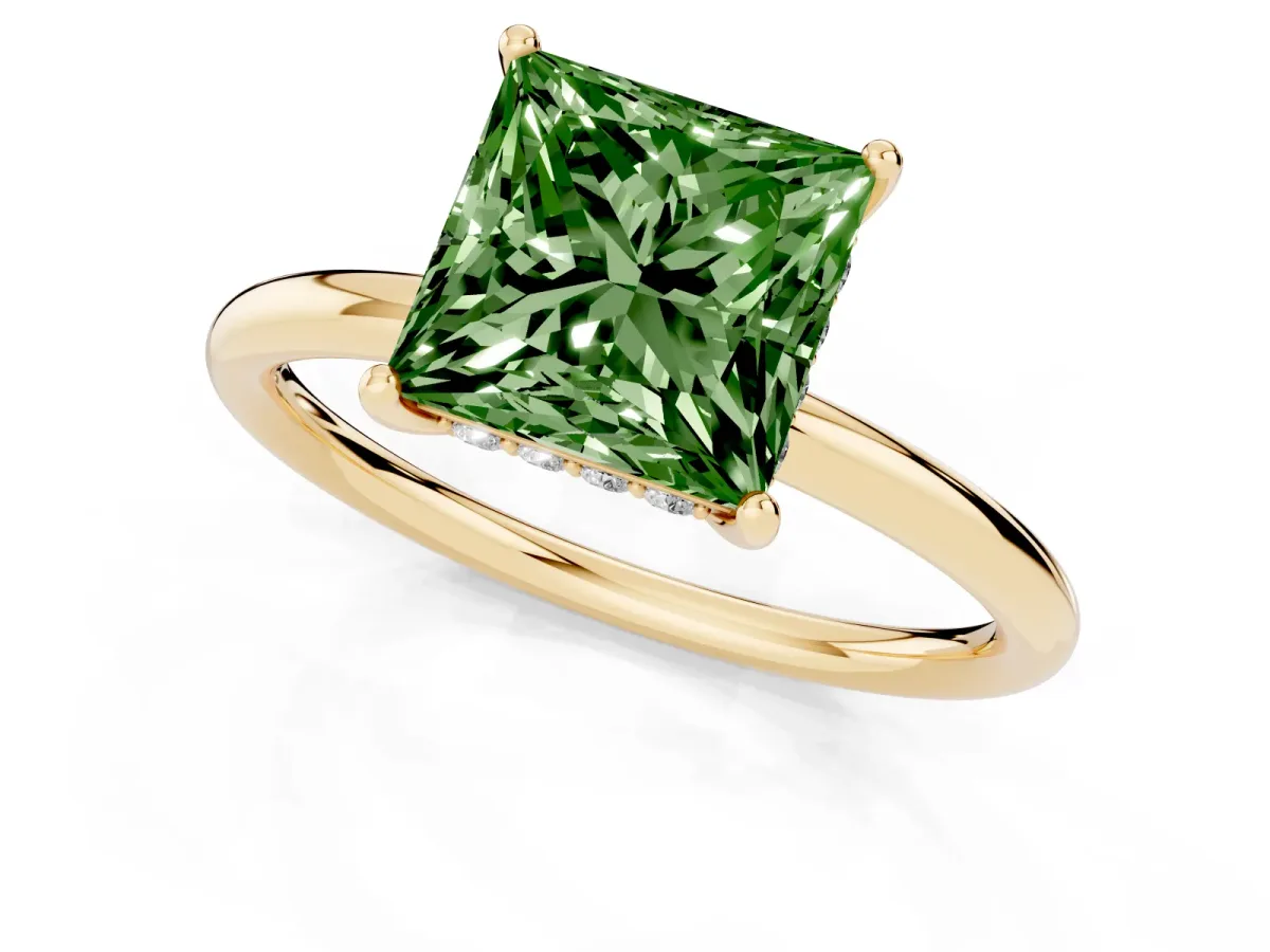 Fancy Green Princess Cut Solitaire Diamond Ring with a Classic Band and Four-Prong Setting Yellow gold