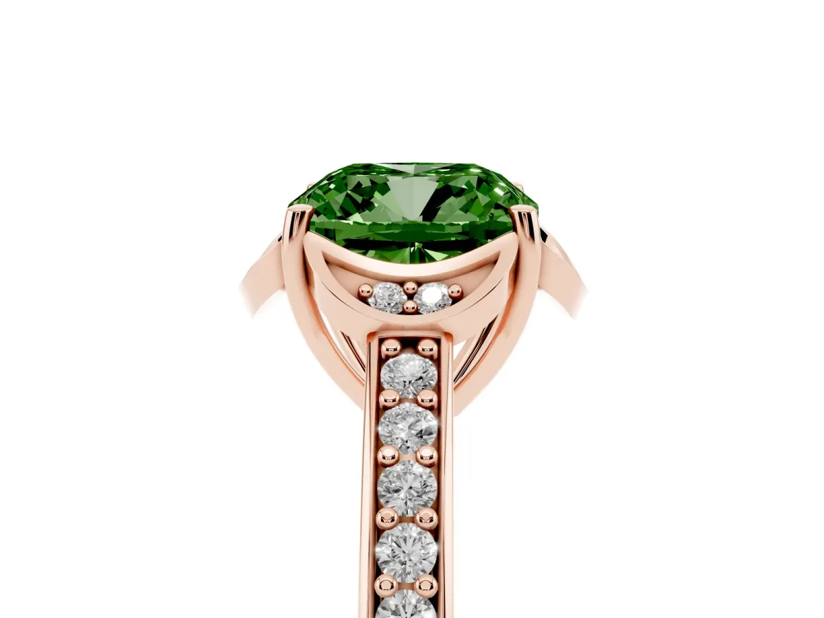 Fancy Green Cushion Cut Cut Halo Diamond Ring with Channel Set Band and Four-Prong Setting Rose gold