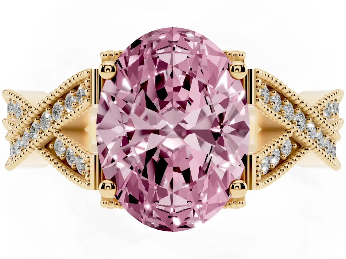 Fancy Pink Oval Cut Cut Diamond Twisted Band with Milgrain Pave Setting and Four-Prong Setting Yellow gold