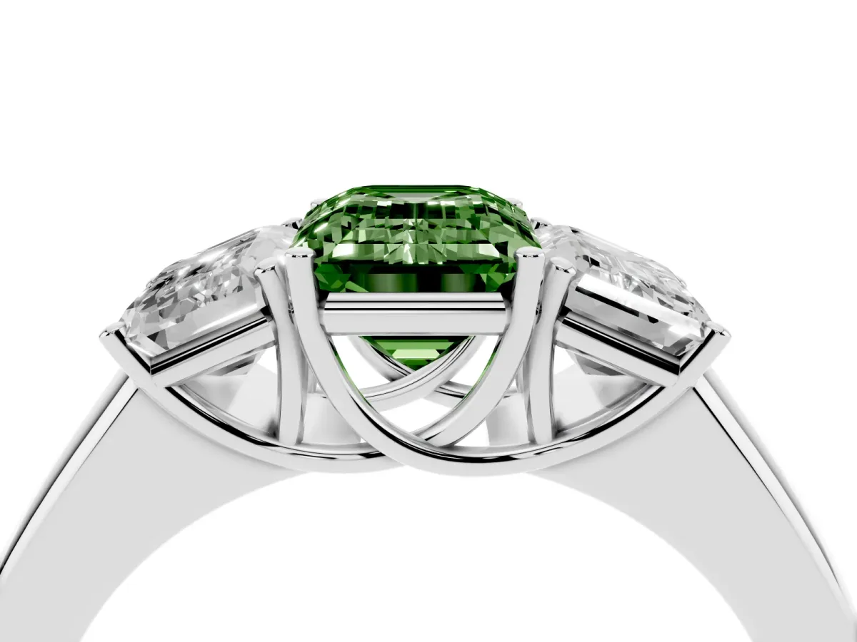 Fancy Green Three-Stone Emerald Cut Cut Diamond Ring with Prong Setting and Classic Band Silver
