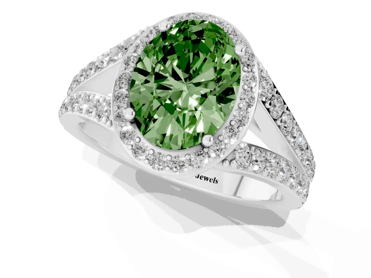 Fancy Green Oval Cut Diamond Split Shank Halo Ring with Four-Prong Setting Silver
