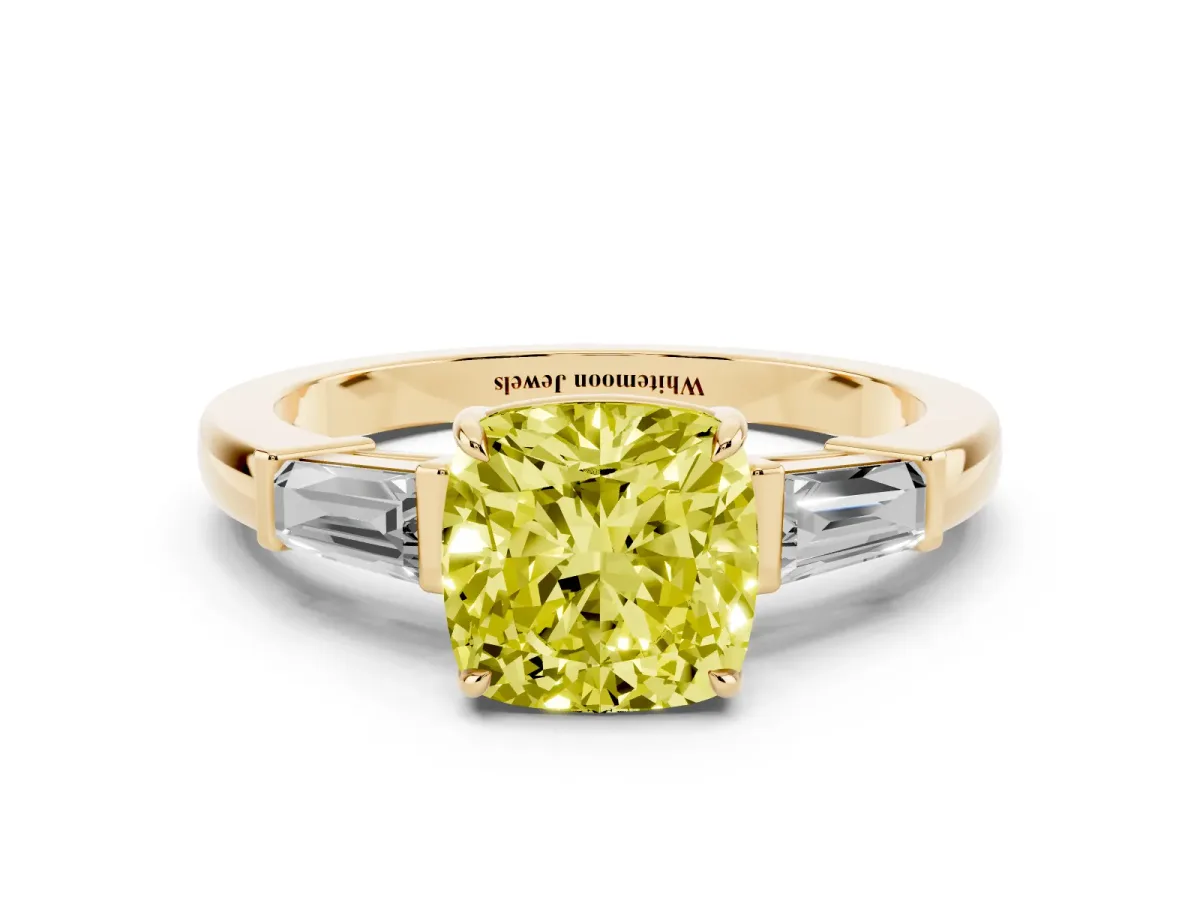 Fancy Yellow Cushion Cut Diamond Three-Stone Ring with Tapered Baguette Side Stones and Prong Setting Yellow gold