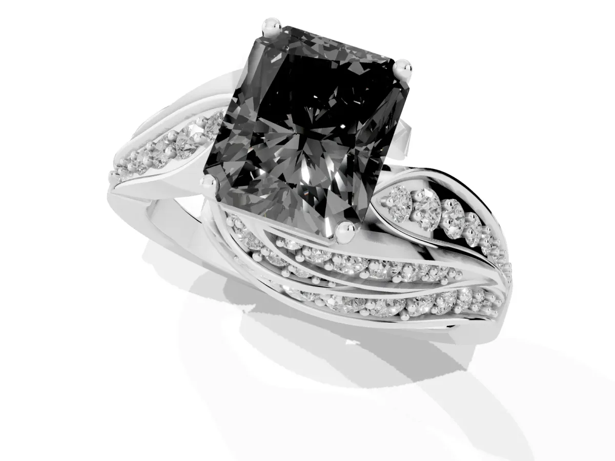 Fancy Black Radiant Cut Diamond Solitaire Ring with Prong Setting and Twisted Pavé Band Silver