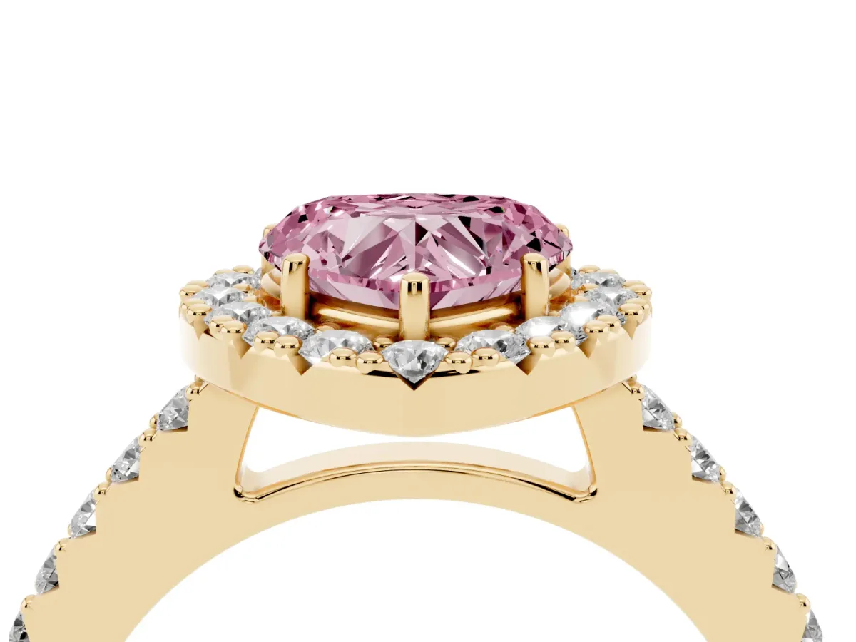 Fancy Pink Heart Cut Halo Diamond Pavé Solitaire Ring Yellow gold