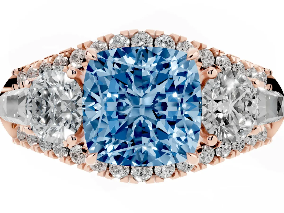 Fancy Blue Three-Stone Cushion Cut Diamond Engagement Ring with Pave Band and Prong Setting Rose gold