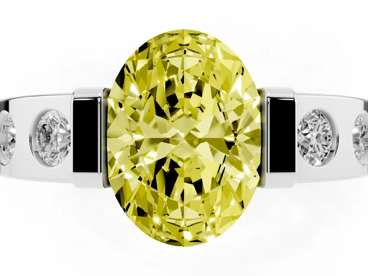 Fancy Yellow Oval Cut Brilliant Channel-Set Diamond Ring with Bezel Prong Setting Silver