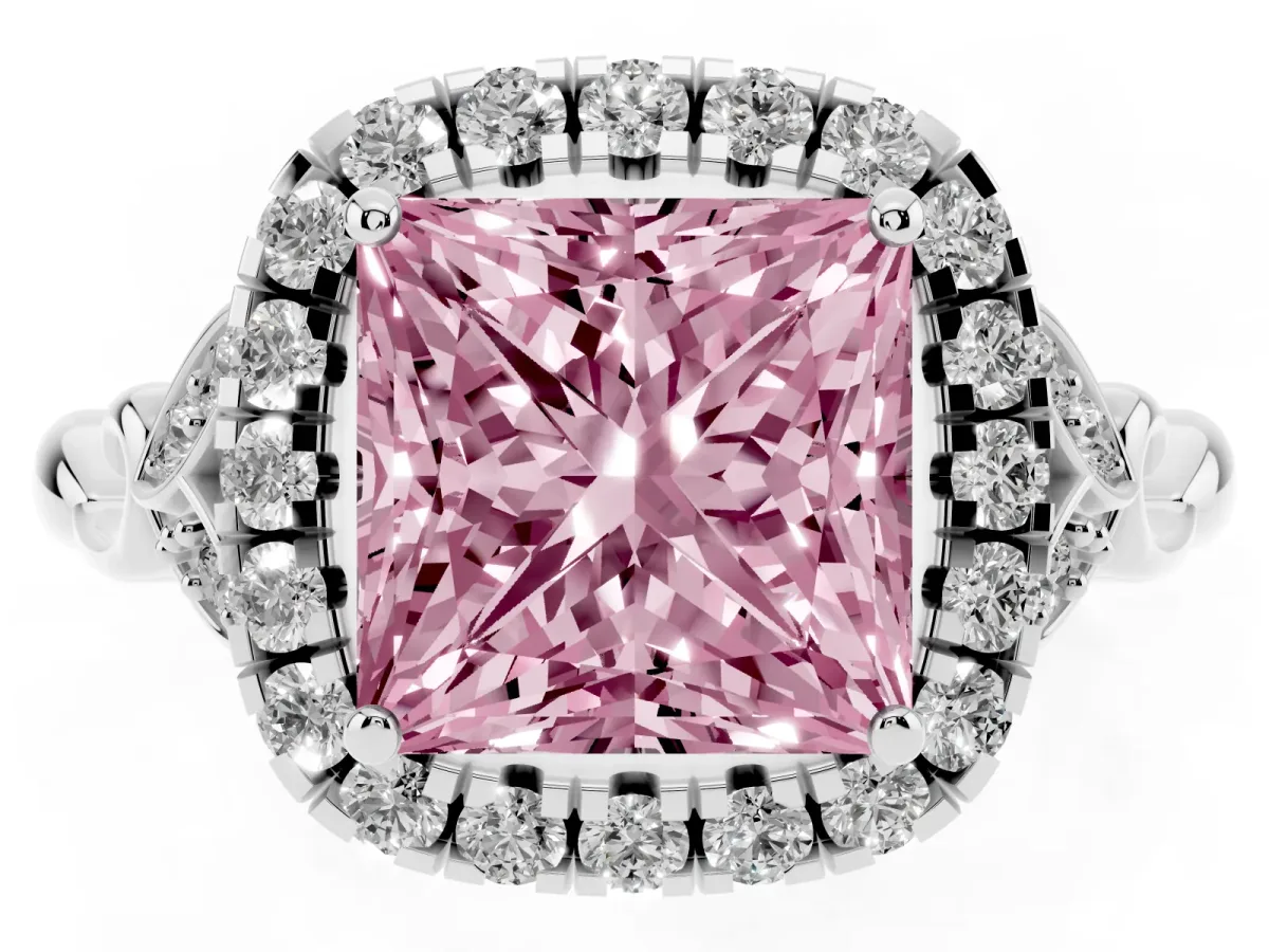 Fancy Pink Princess Cut Halo Diamond Engagement Ring with Vintage-Inspired Band and Four-Prong Setting Silver