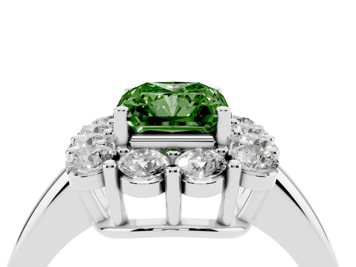 Fancy Green Radiant Cut Halo Cluster Diamond Engagement Ring with Prong Setting and Polished Band Platinum