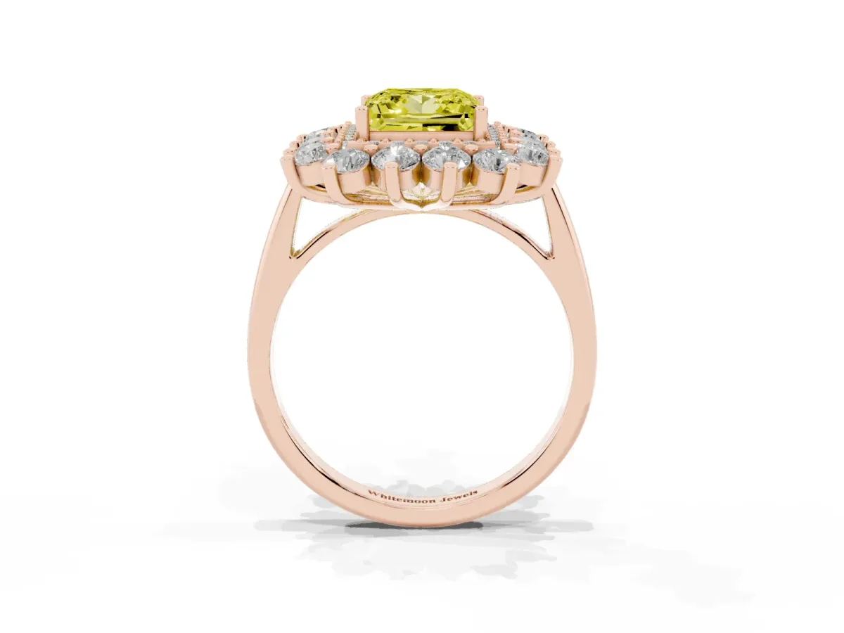 Fancy Yellow Princess Cut Diamond Floral Double Halo Engagement Ring with Prong Setting Rose gold