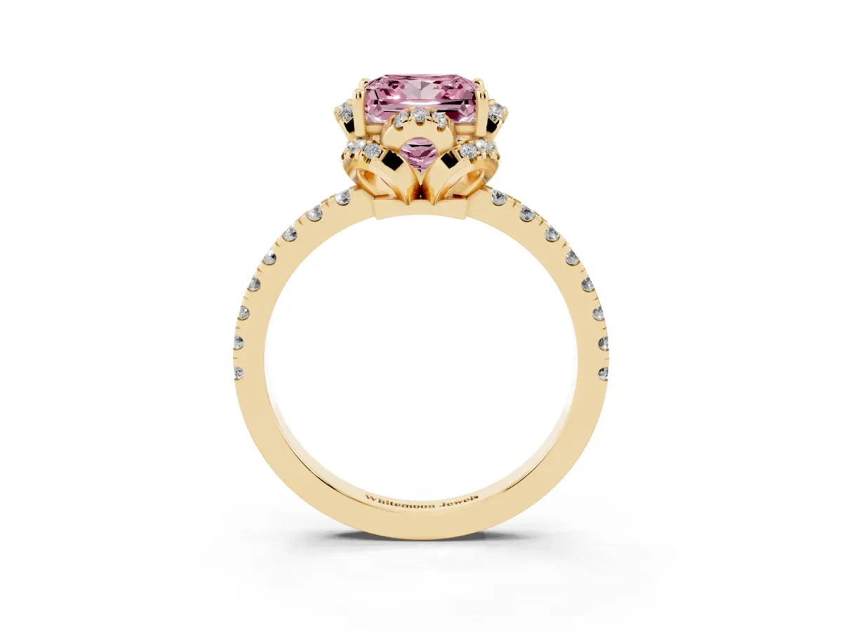 Fancy Pink Princess Cut Diamond Halo Pave Band with Four-Prong Setting Yellow gold