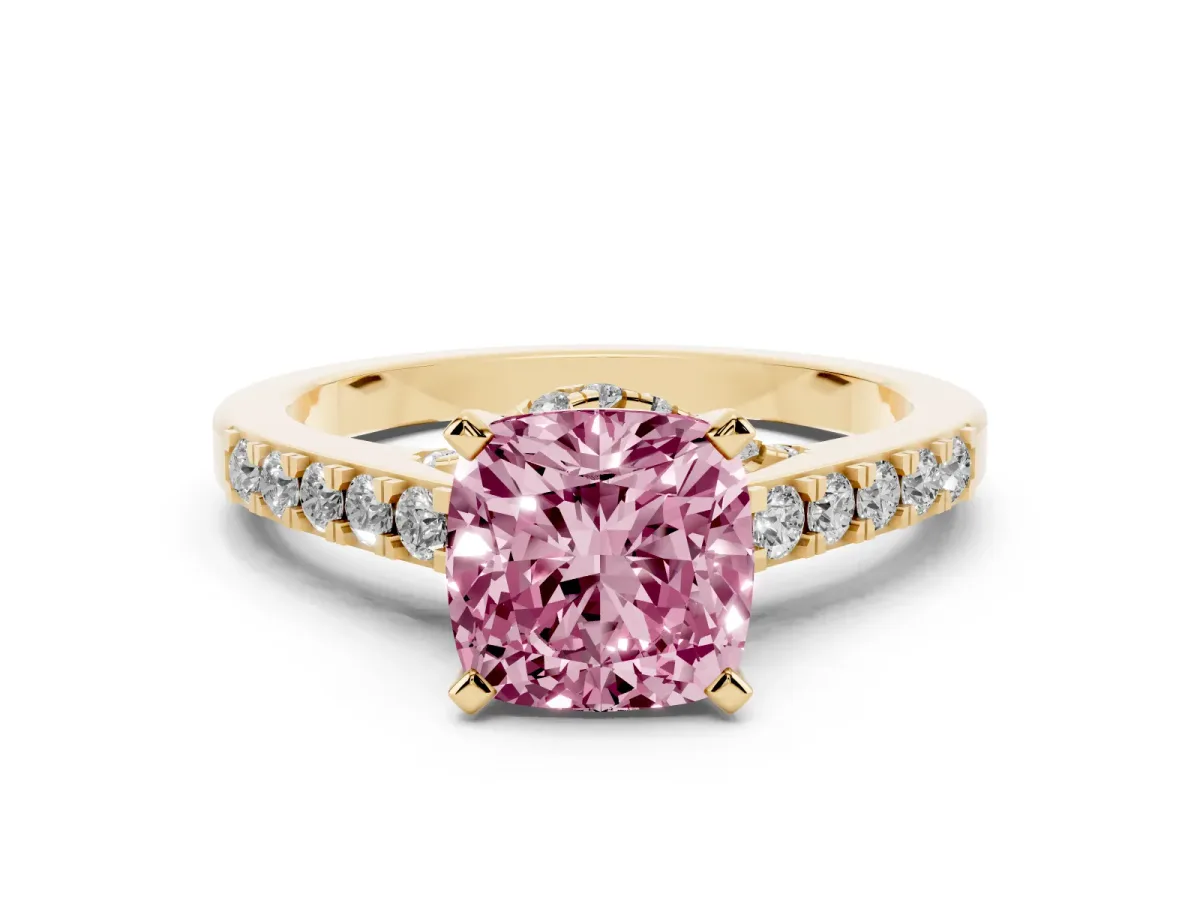 Fancy Pink Cushion Cut Diamond Solitaire Ring with Crossover Gallery and Round Pavé Band Yellow gold
