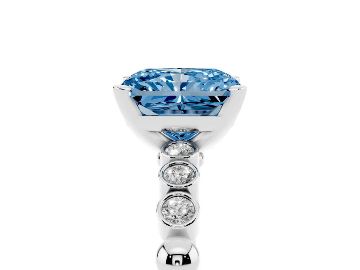 Fancy Blue Radiant Cut Solitaire Bezel Accent Diamond Engagement Ring with Beaded Band and Four-Prong Setting Platinum