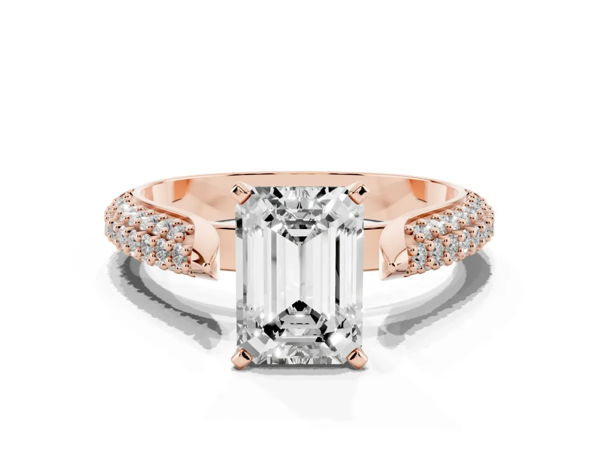Emerald Cut Diamond Solitaire Engagement Ring with Multi-Row Round Pavé Band and Prong Setting Rose gold
