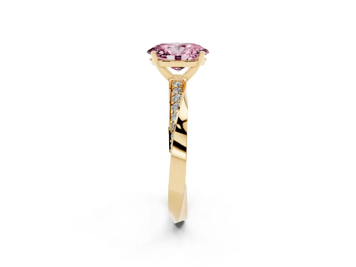 Fancy Pink Oval Cut Diamond Engagement Ring with Side Stone Accents and Four-Prong Setting Yellow gold