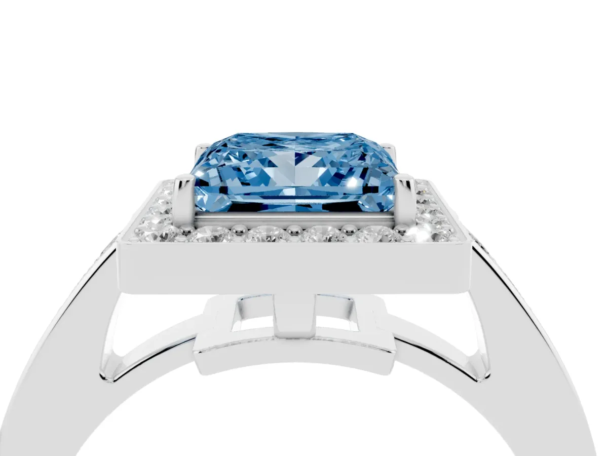 Fancy Blue Princess Cut Halo Pavé Diamond Engagement Ring with Bezel Setting Platinum