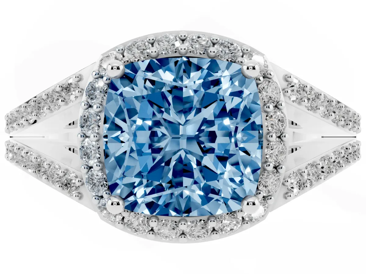 Fancy Blue Cushion Cut Halo Split Shank Pave Diamond Ring with Four-Prong Setting Platinum