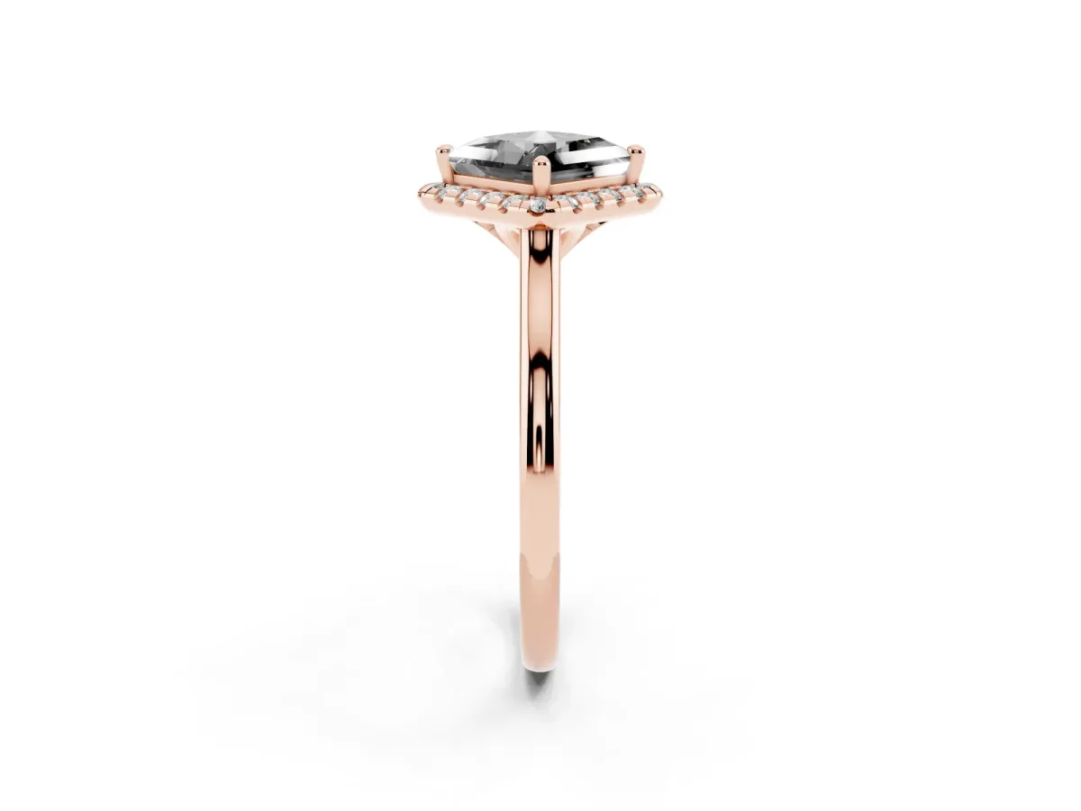 Fancy Black Princess Cut Halo Round Diamond Solitaire Engagement Ring with Pave Band and Four-Prong Setting Rose gold