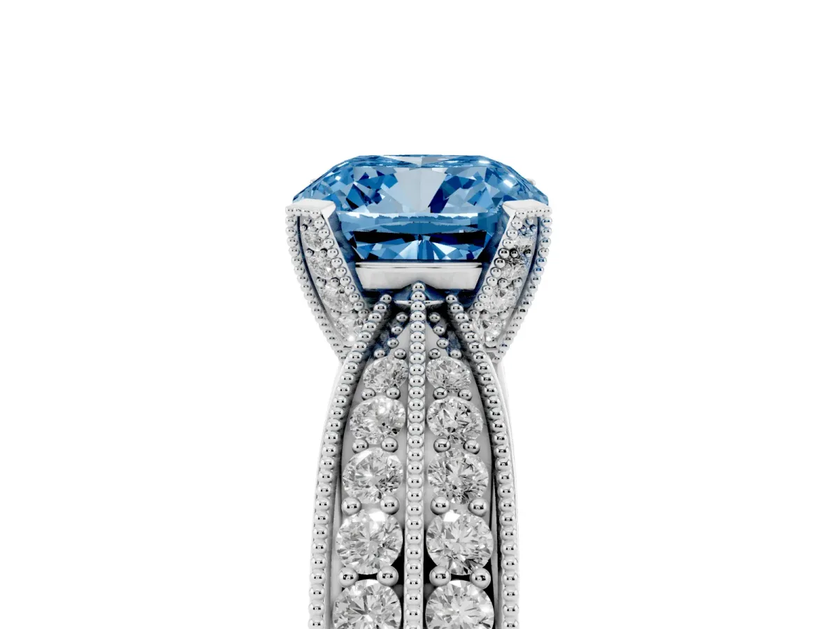 Fancy Blue Cushion Cut Diamond Solitaire Ring with Milgrain Round Pavé Band and Prong Setting White gold