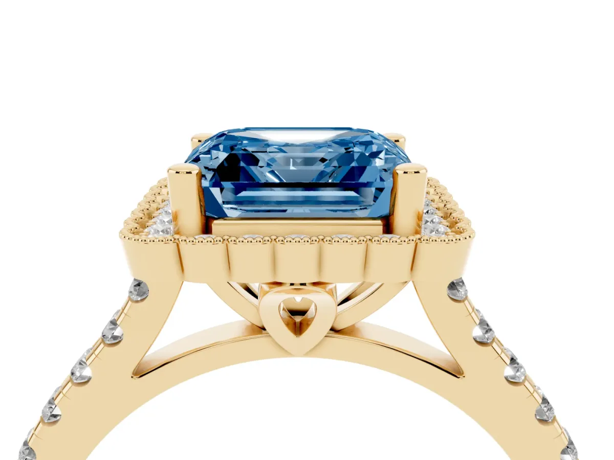 Fancy Blue Asscher Cut Cut Diamond Milgrain Floral Halo Engagement Ring with Pavé Band Yellow gold