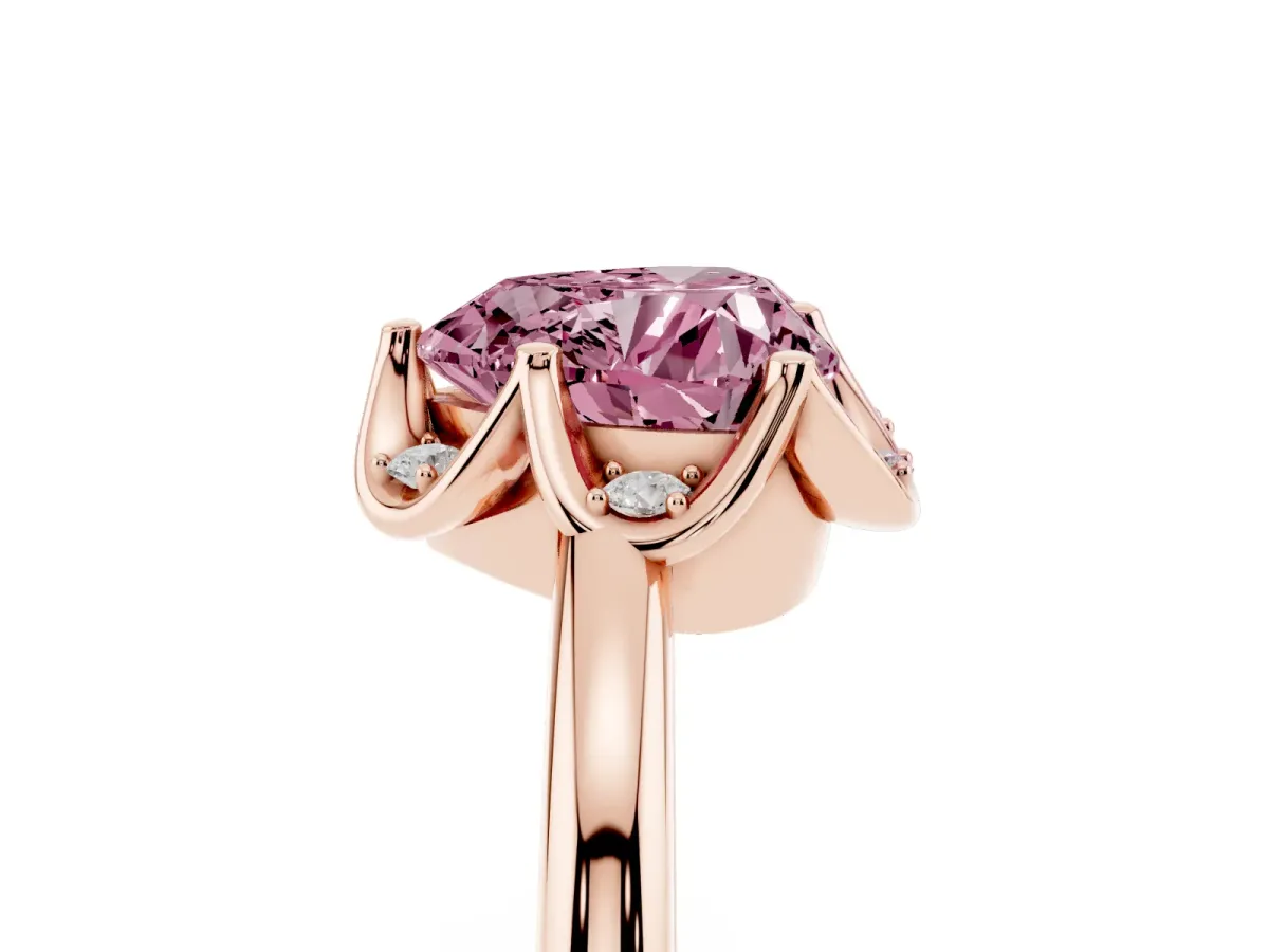 Fancy Pink Heart Cut Halo Diamond Ring with Round Cluster Setting, Solitaire Band, and Four-Prong Setting Rose gold
