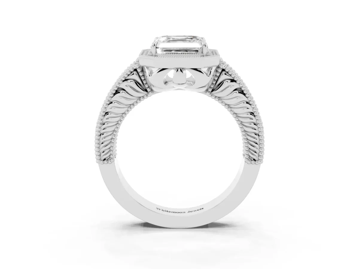 Asscher Cut Cut Halo Diamond Ring with Pavé Band and Four-Prong Setting Platinum