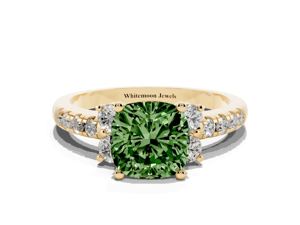 Fancy Green Cushion Cut Diamond Three-Stone Pave Band with Four-Prong Setting Yellow gold