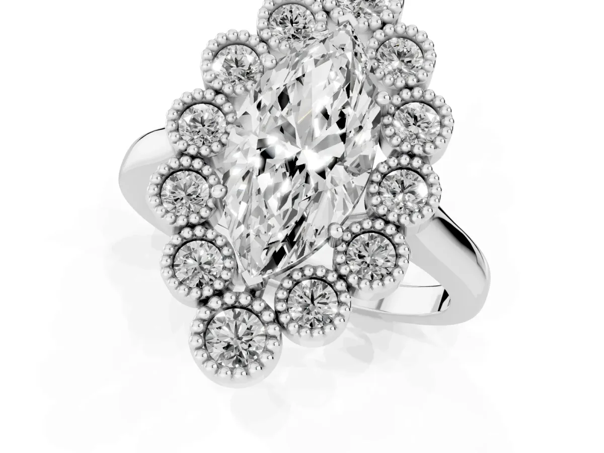 Marquise Cut Halo Diamond Cluster Engagement Ring with Milgrain Bezel Setting and Solitaire Band White gold