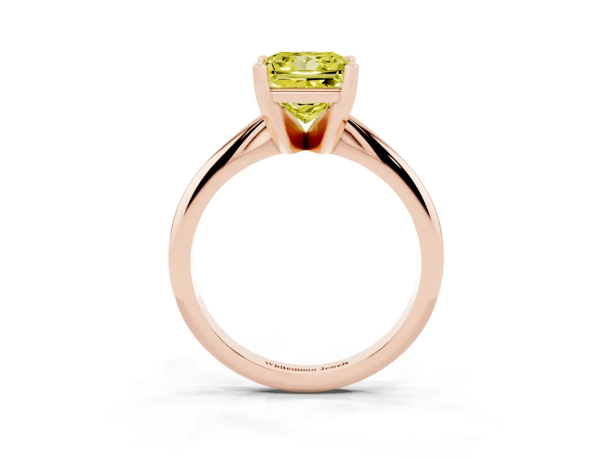 Fancy Yellow Princess Cut Cut Solitaire Ring with Four-Prong Setting on a Classic Band Rose gold