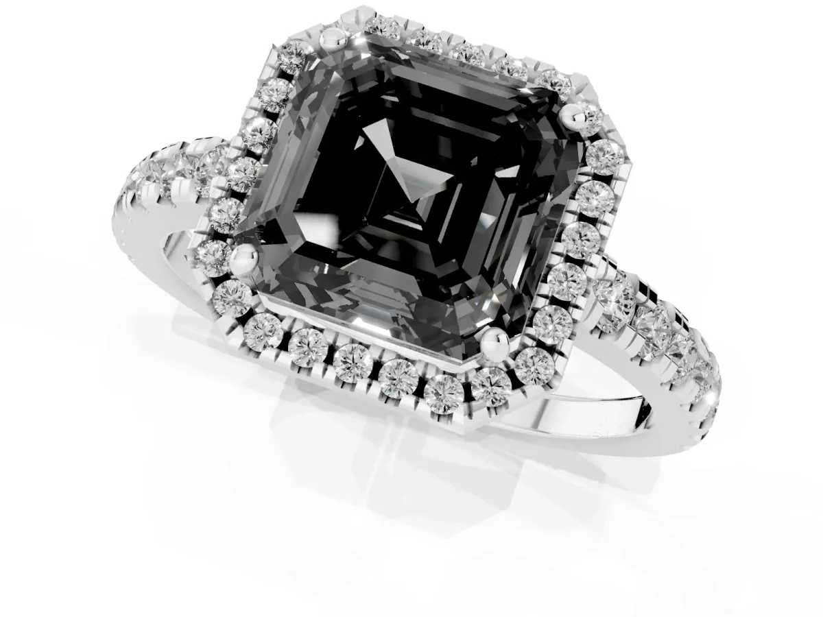 Fancy Black Asscher Cut Diamond Halo Ring with Pavé Band and Four-Prong Setting Silver