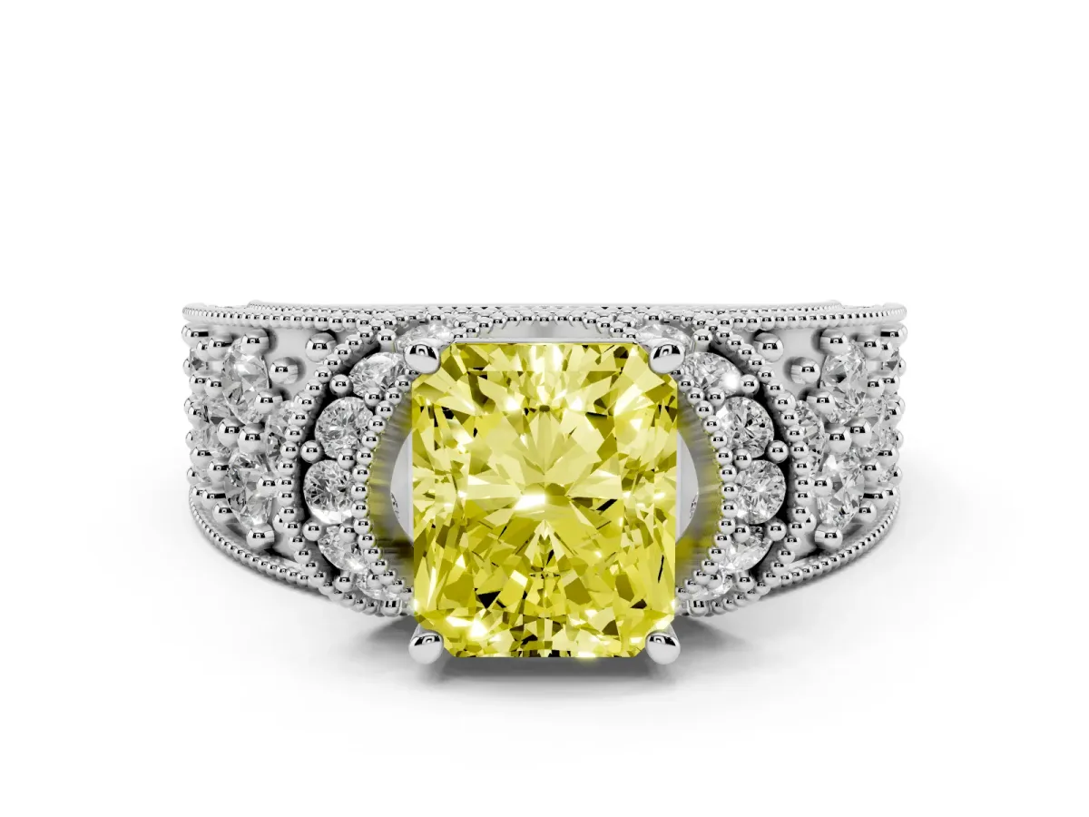 Fancy Yellow Radiant Cut Halo Pave Diamond Engagement Ring with Milgrain Detailing White gold
