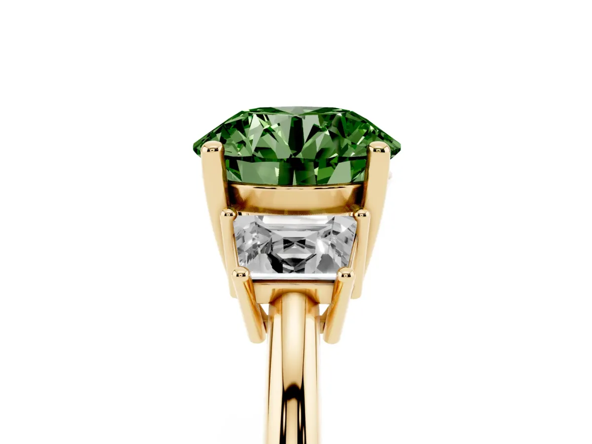 Fancy Green Round Cut Diamond Three-Stone Ring with Trapezoid Side Stones and Prong Setting Yellow gold