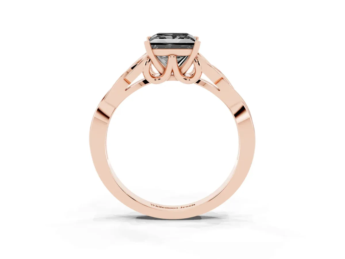 Fancy Black Princess Cut Diamond Solitaire Engagement Ring with Celtic Knot Band and Four-Prong Setting Rose gold