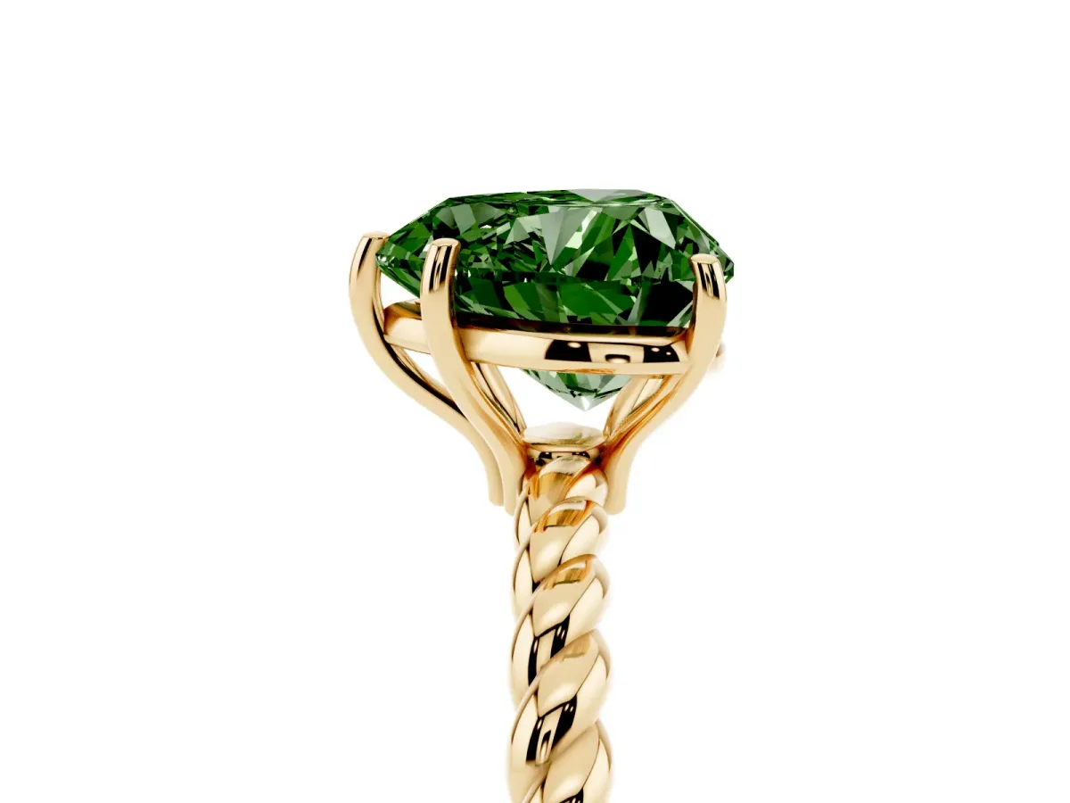 Fancy Green Heart Cut Solitaire Twist Band Ring with Four-Prong Setting Yellow gold