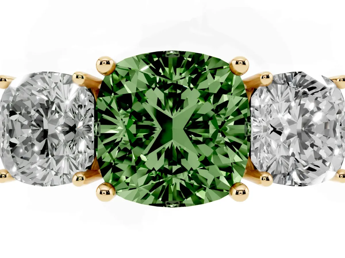 Fancy Green Three-Stone Cushion Cut Cut Diamond Engagement Ring with Prong Setting on a White Gold Band Yellow gold