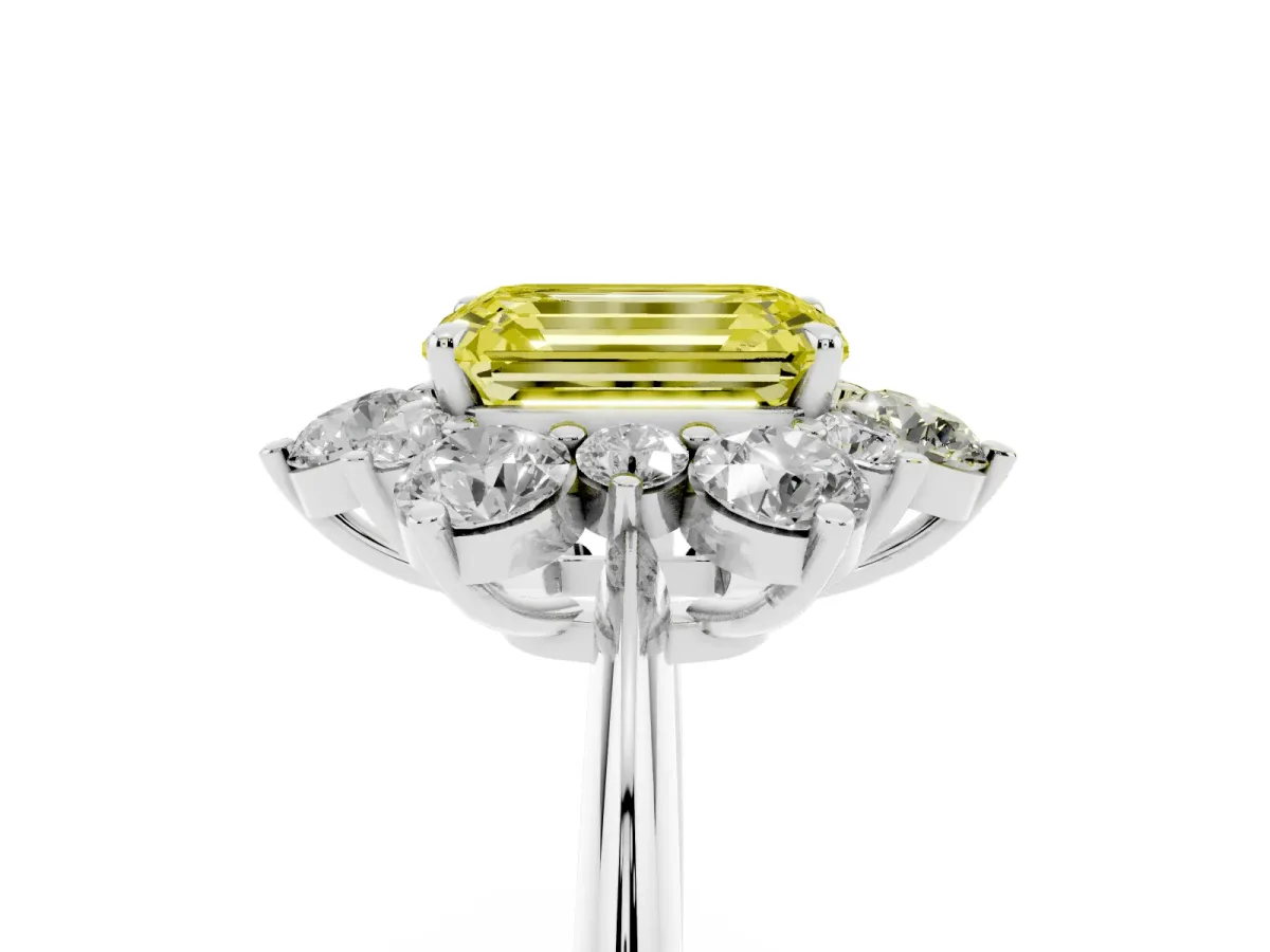 Fancy Yellow Emerald Cut Diamond Cluster Halo Ring with Solitaire Band and Four-Prong Setting Platinum