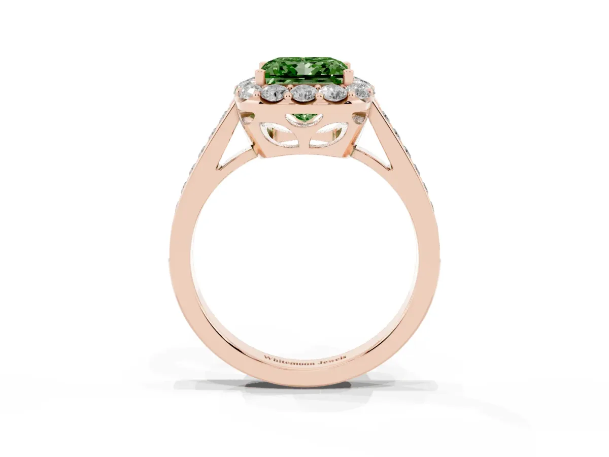 Fancy Green Princess Cut Diamond Floral Halo Ring with Pavé Band and Prong Setting Rose gold