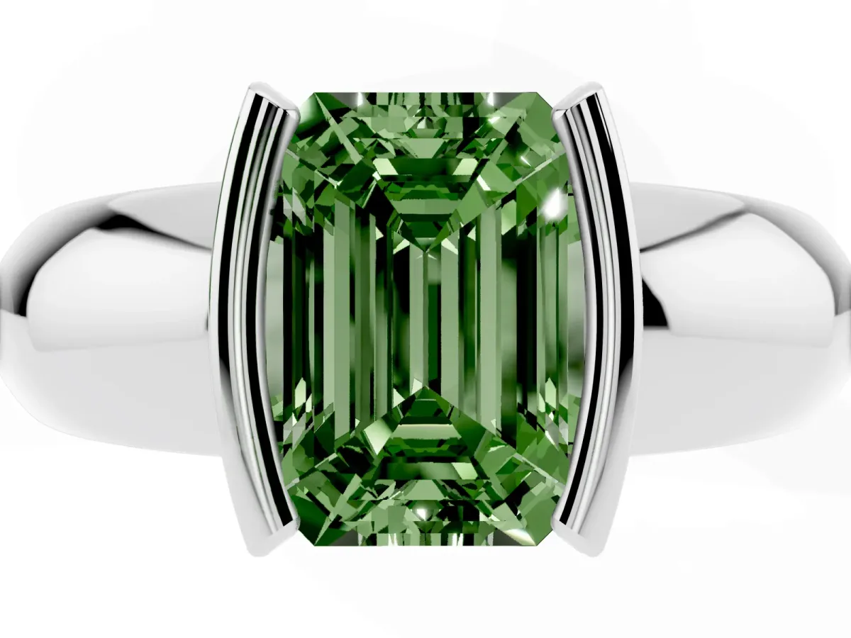 Fancy Green Emerald Cut Solitaire Tension Set Diamond Ring with Wide Band Platinum