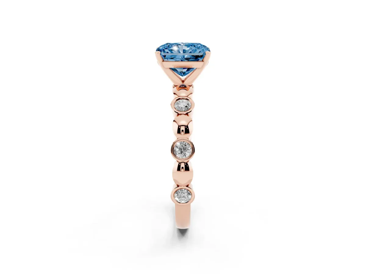 Fancy Blue Radiant Cut Solitaire Bezel-Set Diamond Ring with Beaded Band and Four-Prong Setting Rose gold