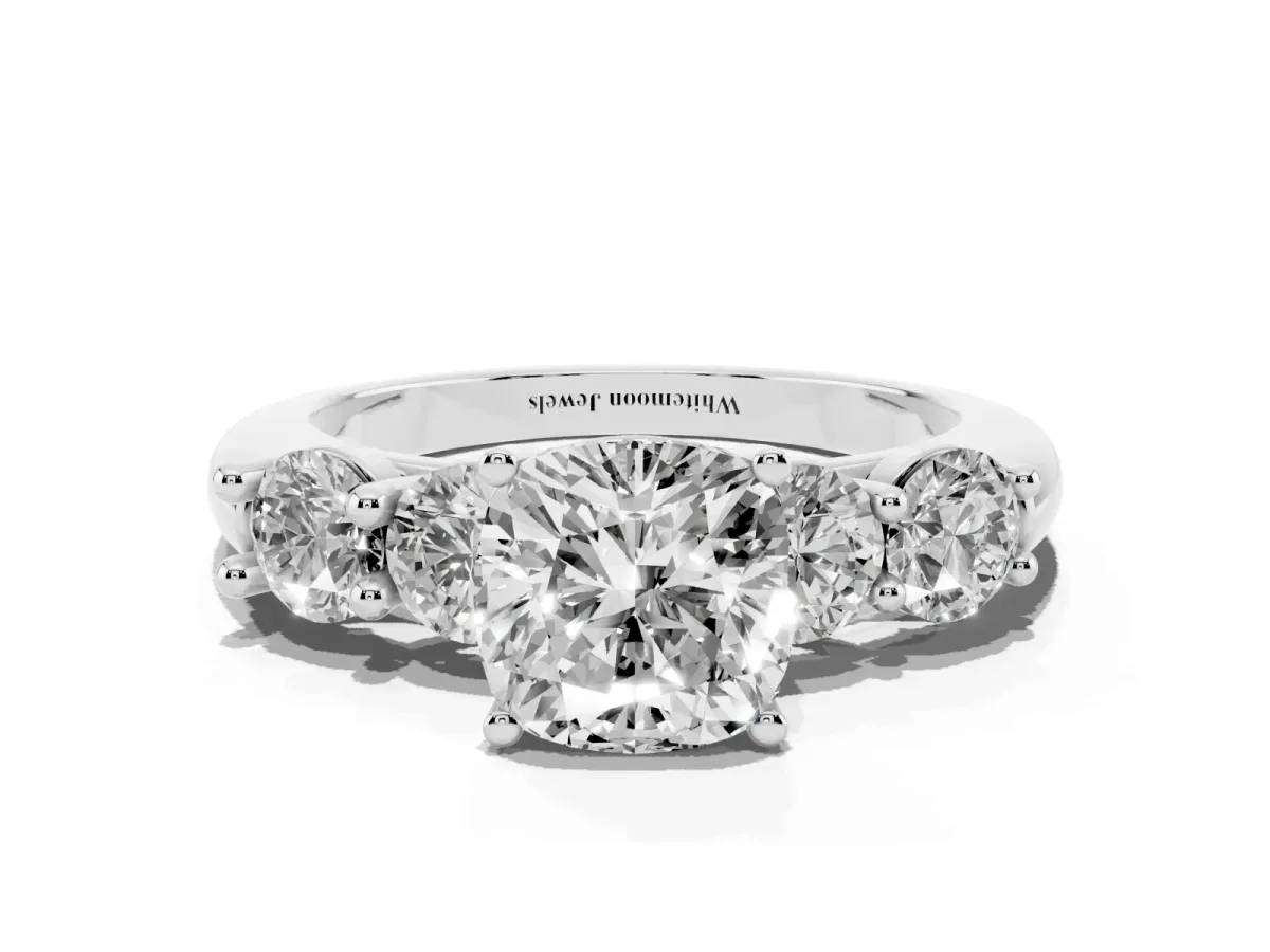 Cushion Cut Cut Five-Stone Prong Set Diamond Ring with Classic Band Silver