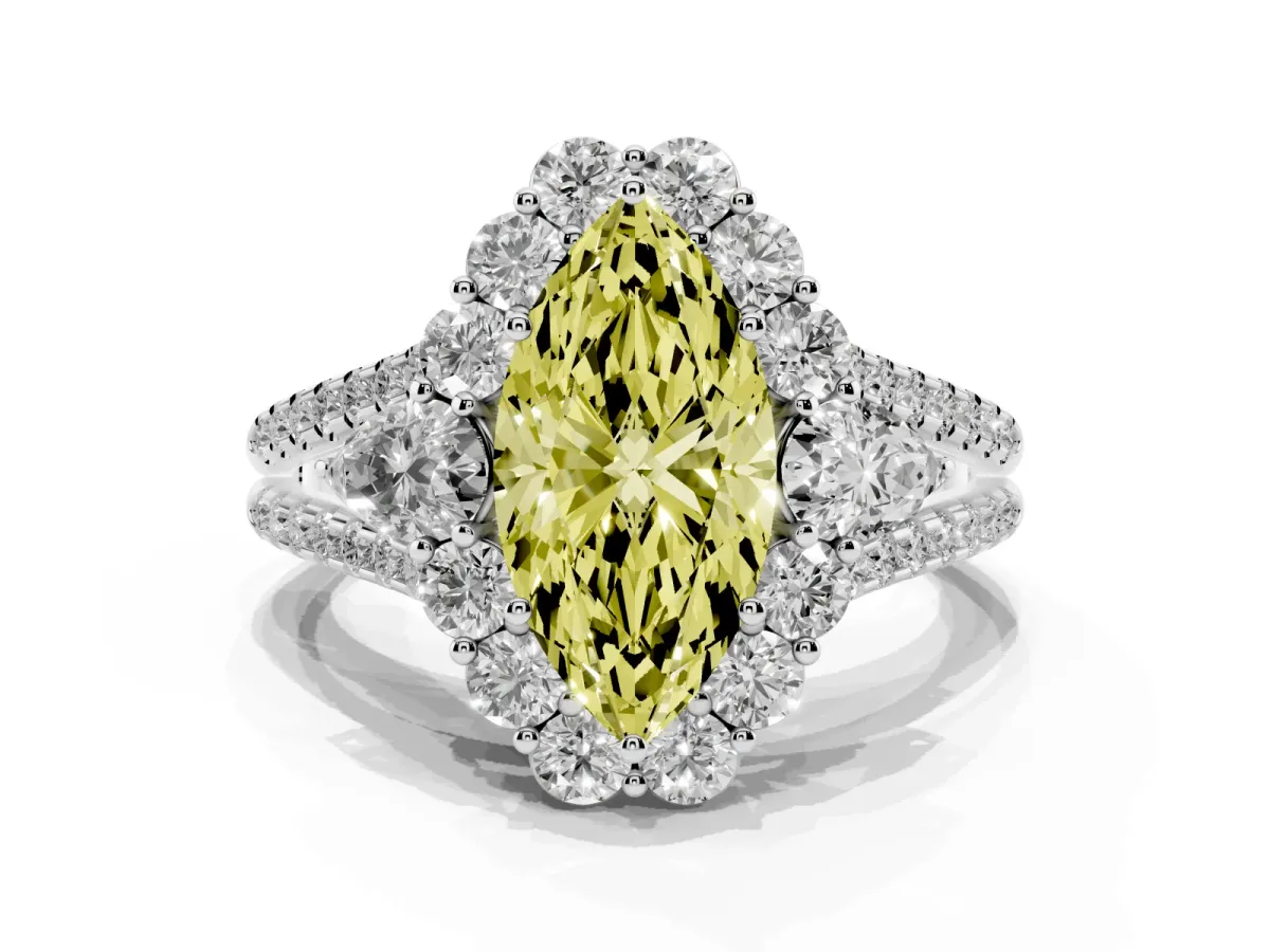 Fancy Yellow Marquise Cut Halo Split Shank Diamond Engagement Ring with Prong Setting Silver