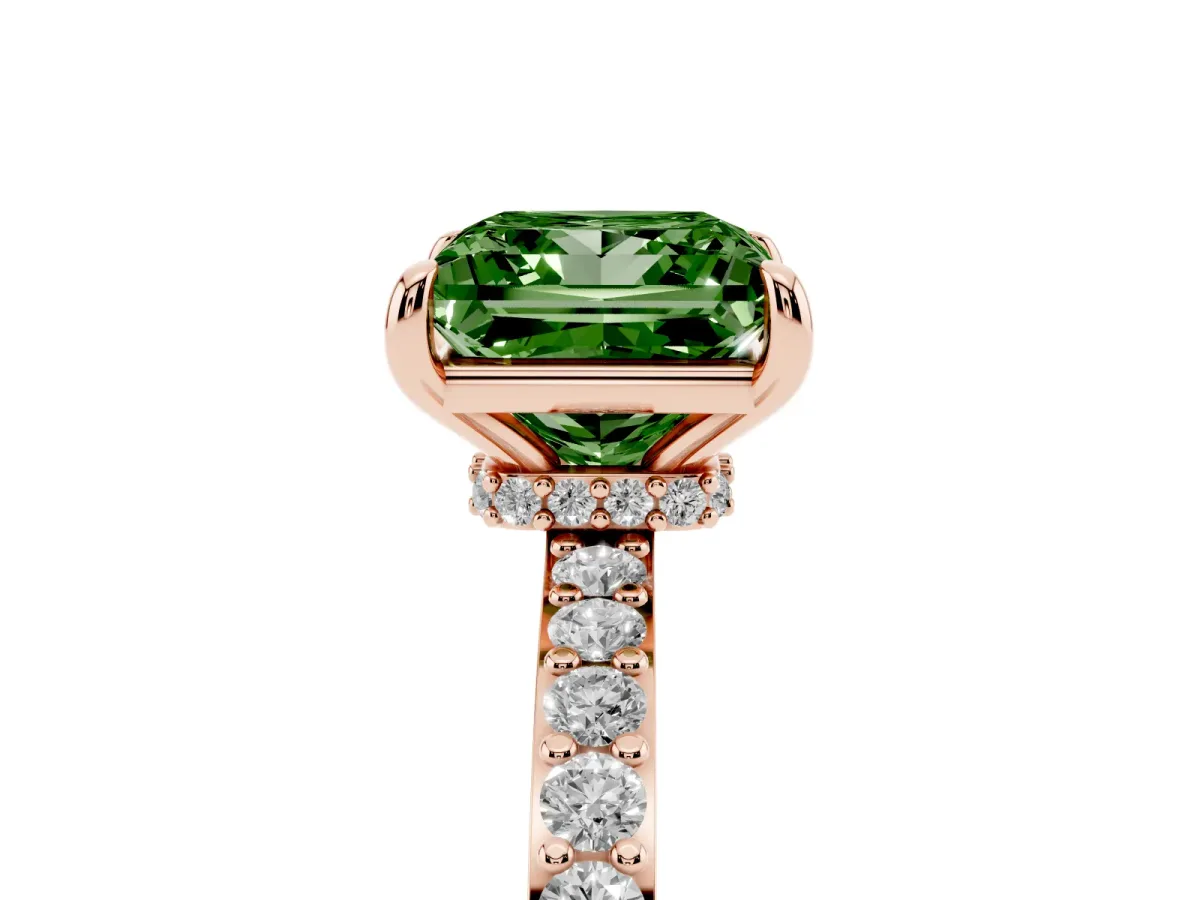 Fancy Green Princess Cut Diamond Solitaire Engagement Ring with Pavé Band and Four-Prong Setting Rose gold