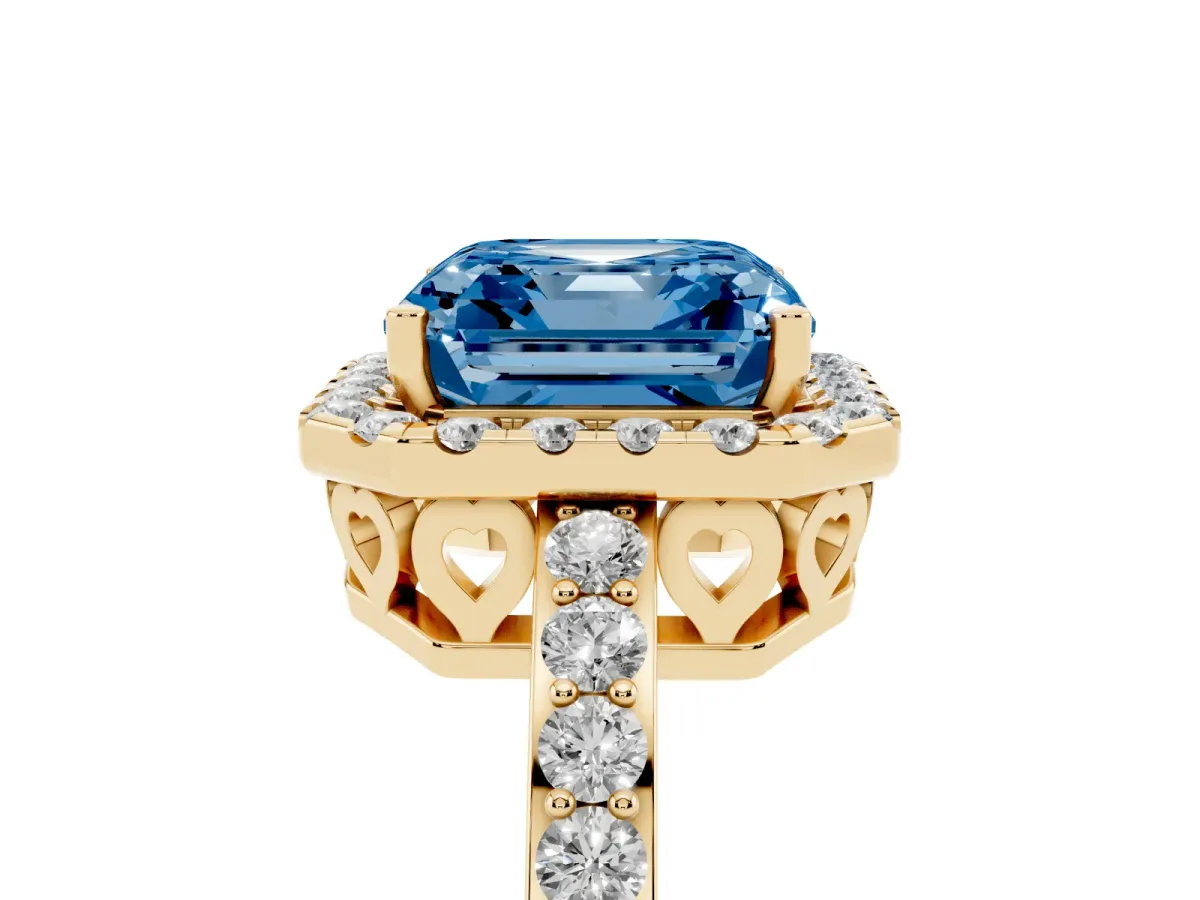 Fancy Blue Asscher Cut Halo Diamond Pavé Band Ring with Prong Setting Yellow gold