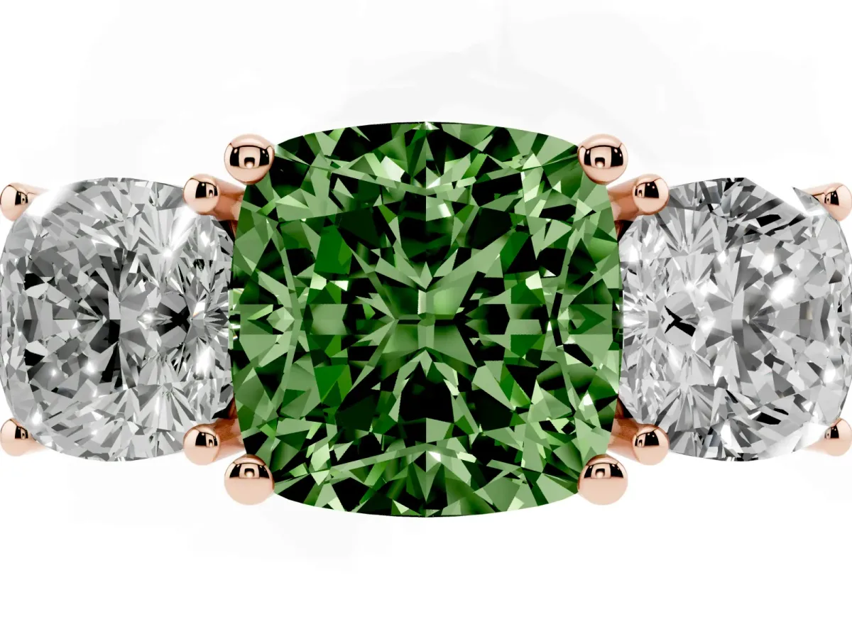 Fancy Green Three-Stone Cushion Cut Cut Diamond Engagement Ring with Flat Band and Four-Prong Setting Rose gold