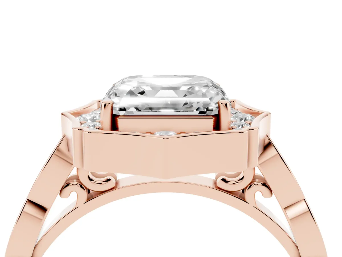 Asscher Cut Halo Diamond Engagement Ring with Milgrain Band and Four-Prong Setting Rose gold