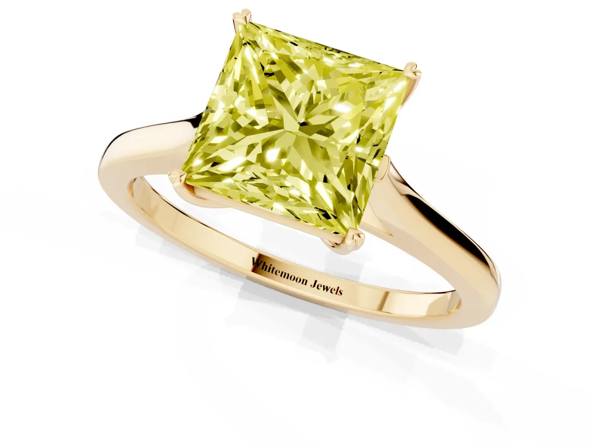 Fancy Yellow Princess Cut Solitaire Heart Prong Engagement Ring with Tapered Band Yellow gold